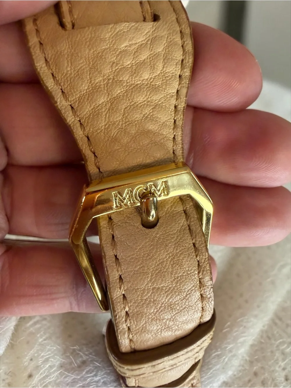 MCM Taupe Pebbled Leather Shoulder Bag with Gold Hardware